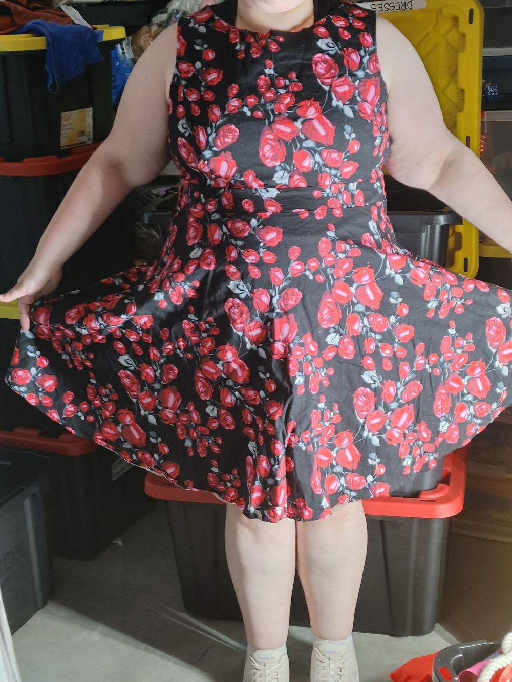 Acevog Black Mini Dress with Red Rose Print